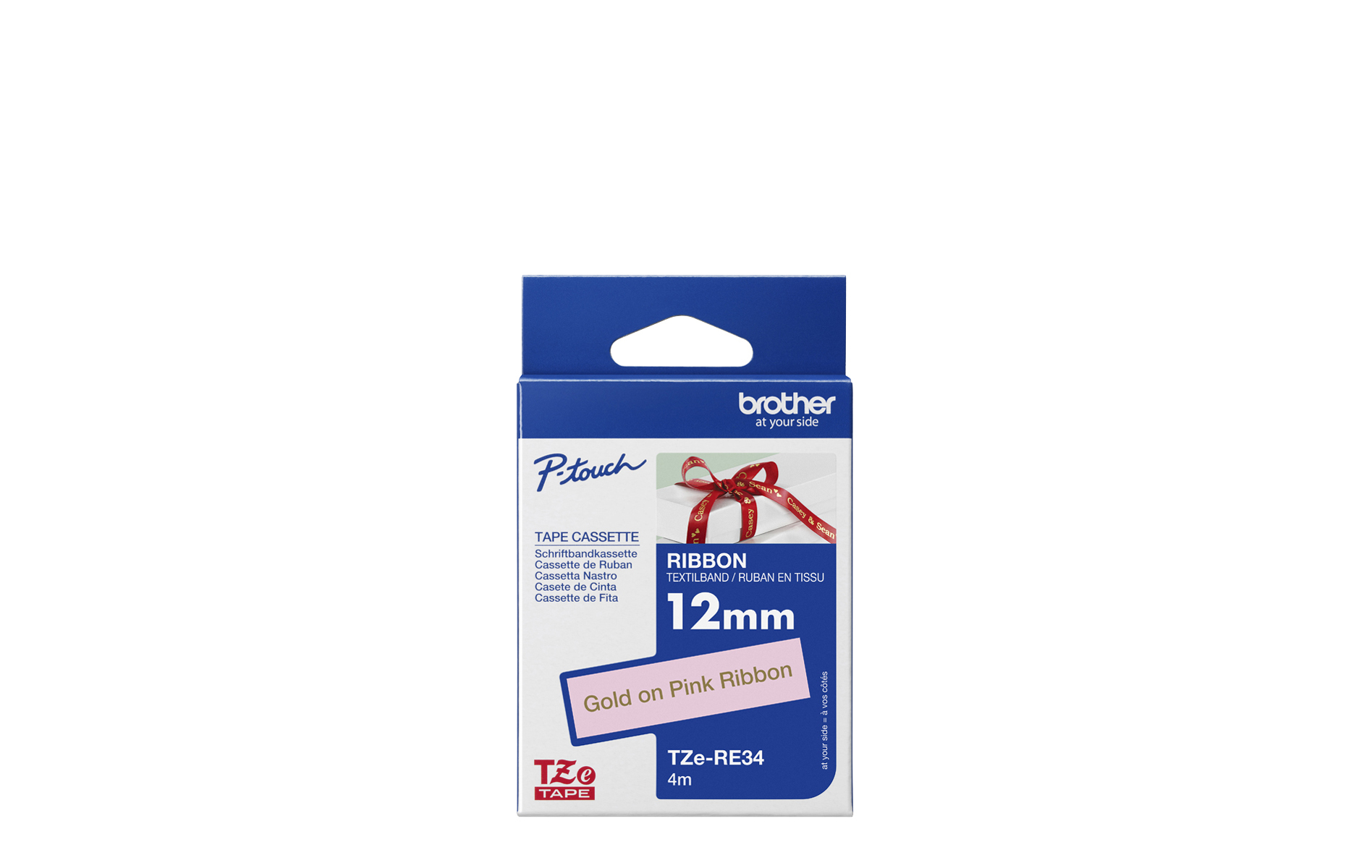 TZe-RE34 Gold on Pink Ribbon, 12mm x 4m, Brother Genuine Ribbon Tape